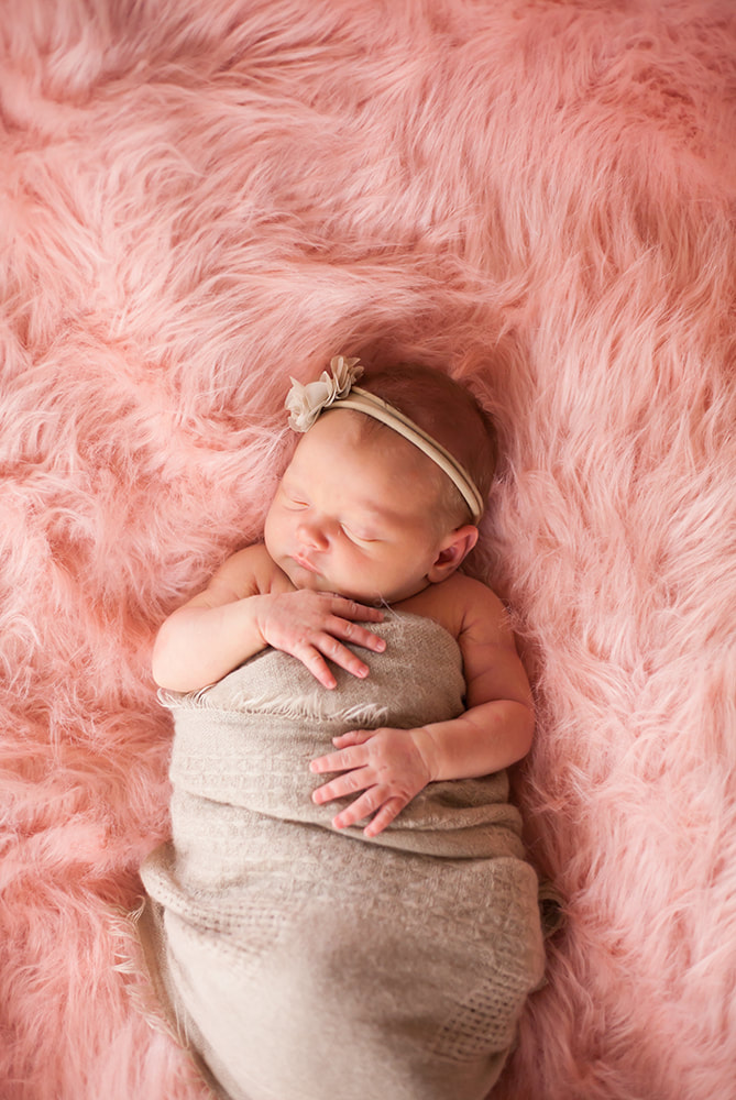 Newbon baby swaddled in tan lies on pink fur in Tampa Florida