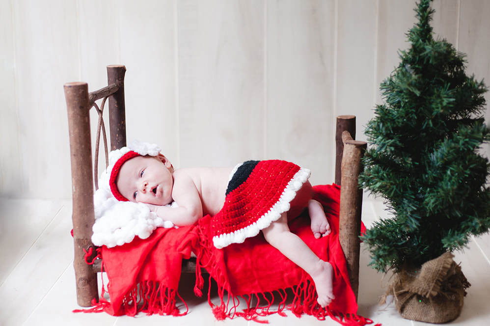Christmas photo of newborn baby girl wearing santa skirt and lying on a log bed
